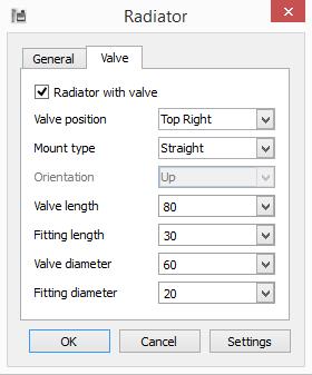 With the pull-downs or manual keyboard input you can set the properties of the valve. To close the dialog box press ok and a radiator with a tag is inserted.