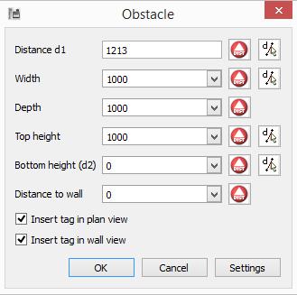 obstacle. Then measure the offset d1 from the corner to the obstacle and press next. Now measure the width, depth, top height, bottom height and distance to the wall.