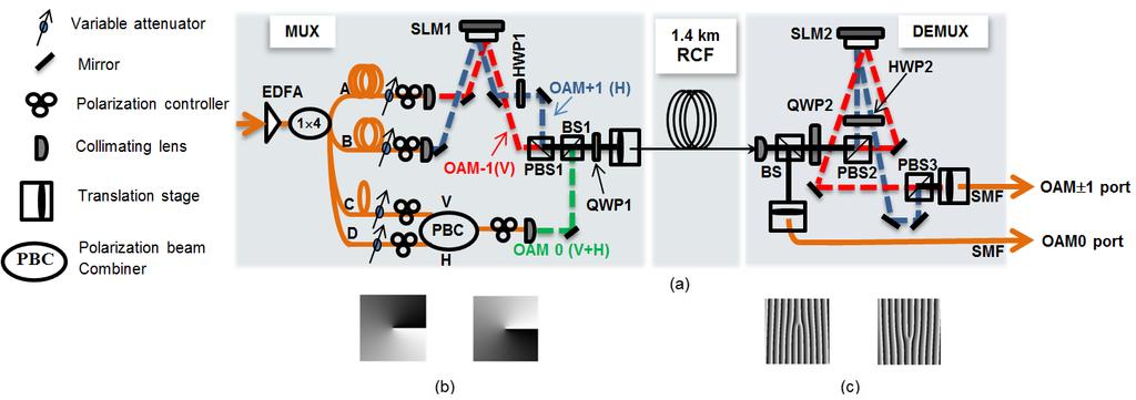 3 Fig.2. (a) Setup for free-space OAM mux and demultiplexer stages, (b) spiral phase patterns for OAM ±1 at SLM of mux stage, (c) blazed forked gratings for OAM ±1 at SLM of demultiplexer stage III.