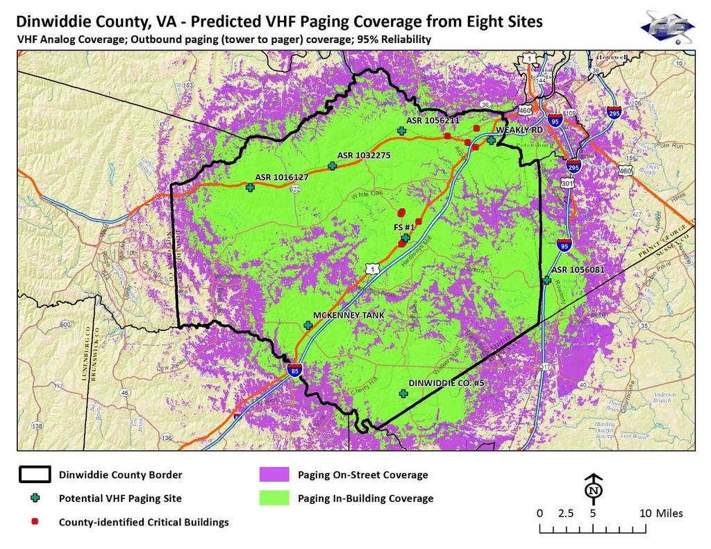 Figure 9 Replacement VHF Pager coverage (8-site) The County has elected to use P25 pagers in the replacement system, therefore the VHF predicted pager coverage shown in Figure 9 is not applicable to