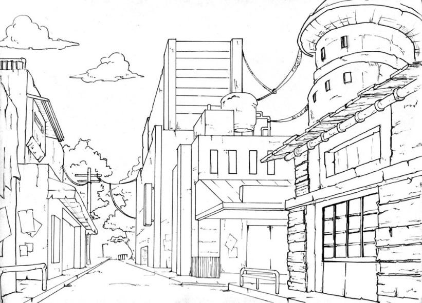 City Scape Drawing Create a drawing that makes it appear that you are looking down the middle of an interesting big city street. (Think New York or San Francisco.