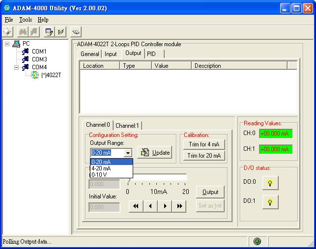 Output Channel Configuration Page : For output channel configuration, there are two analog output channel in ADAM-422T.
