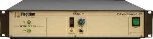 Pulsed generation ModBox RS 232 PM Pulse Generation Unit Modulator High Extinction ratio MBC-Board PM FC/APC DC in DC PM External Photodiode Coupler PM 1/99 %, 5/95 % The ModBox Integrates 1 High