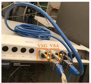 As seen in Figure 3-3 the VSG is connected to a connector board which interfaces with a CAT7 cable via a RJ45 connector, for wired channel testing.
