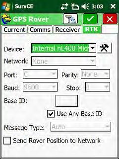 33. GPS Rover RTK menu, Device: Internal nl400 Microhard Use Any Base Message Type: Auto To check/verify the UHF radio frequency, Tap the tools menu icon, 34.