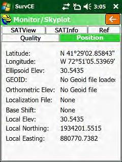 42. Monitor/Skyplot Position User can observe the RTK Rover s Latitude, Longitude, Ellipsoid Elev, if a Geoid model file is