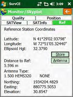 Monitor/Skyplot Ref User can observe the Reference Station Coordinates details: Latitude, Longitude, and Ellipsoid Hgt.