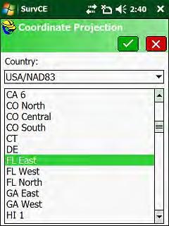 6. Coordinate Projection menu, Selection List: Recently used coordinate projections are listed, to select a different predefined coordinate projection.