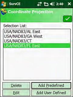 Coordinate Projection menu, Country: USA/NAD83 Browse the list of coordinate projections, Select the appropriate state/zone for your projects location.