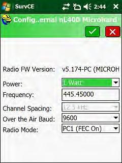 18. Configure Internal nl400 Microhard Power: 1 Watt (this is the max power setting for the internal radio). Current Frequency: 445.