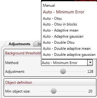Manual allows the user to set the global threshold level using the slider. Minimum error automatically sets the global threshold level using the minimum error histogram-based threshold method.