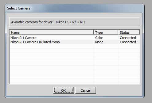 Startup Camera Imaging Mode Make a selection from the dialog box that appears: Nikon Ri1 Camera Color Mode Nikon Ri1 Camera Emulated