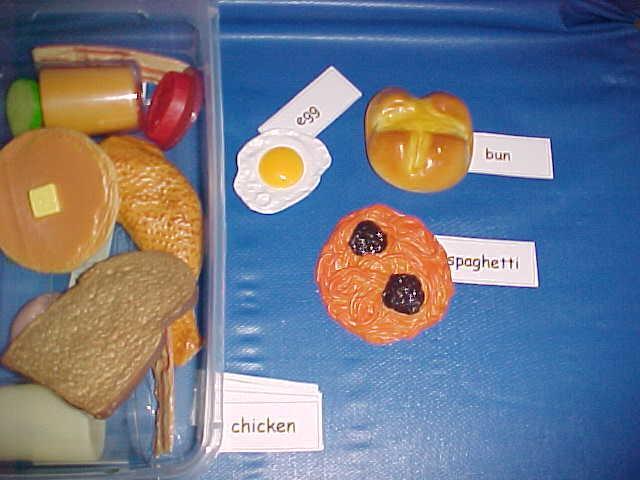 Match the food word to the food Created using: fake food, card stock, laminating film and