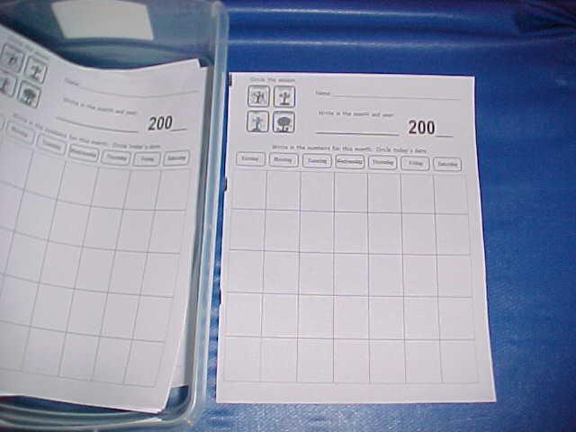 Fill in the information on the calendar worksheet for the current month. Created using: Mayer-Johnson Inc. Boardmaker and copy paper.