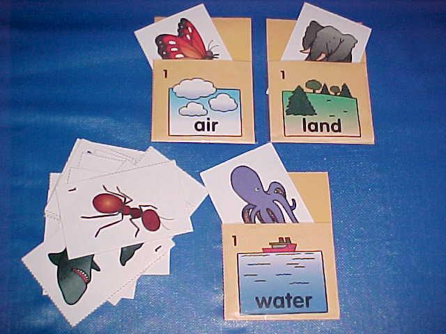 Sort air, land and water animals. Created using Evan-Moor Take it to Your Seat and laminating film.