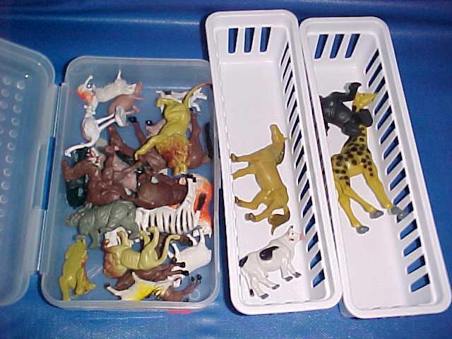 Sort wild animals from farm animals. Created using: 1 bag of plastic wild animals (Wal-Mart.88) and 1 bag of plastic farm animals (Wal-Mart.