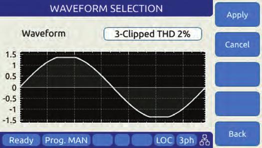 selectable AC waveforms such as clipped sine wave at various distortion levels, square, triangle and stepped squares.