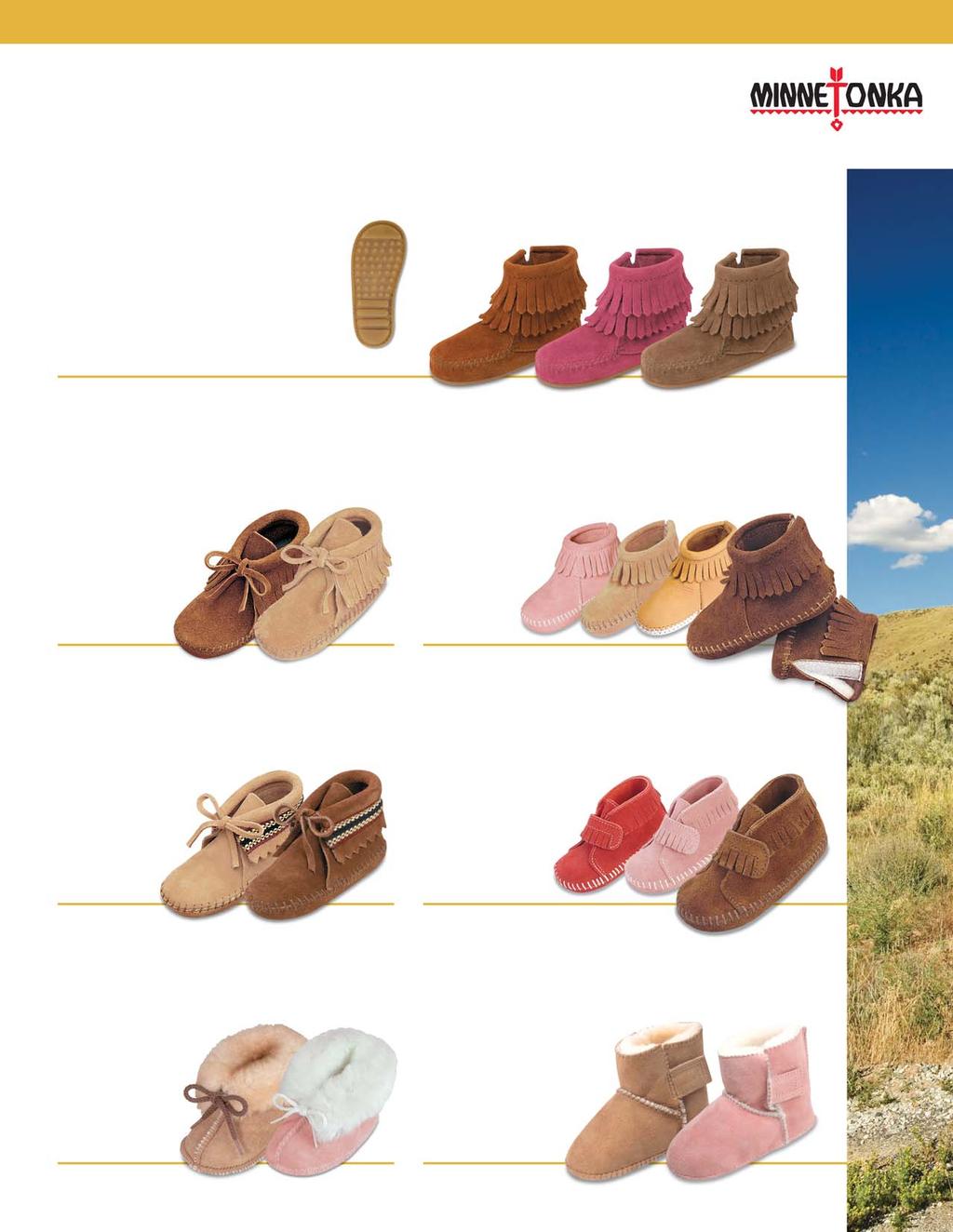 Infant Moccasin soul for little feet. Genuine Minnetonka style, soft, rich suede natural leathers - easy to wear and tailored for toddlers. All Styles In Stock For Immediate Delivery.