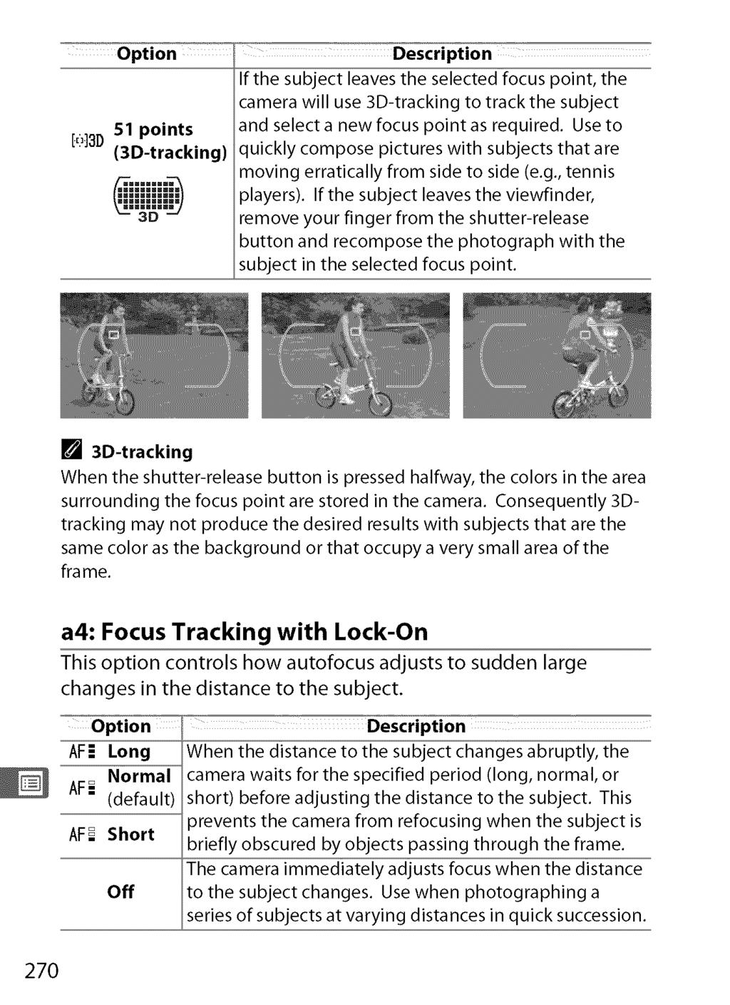 Option 51 points (3D-tracking) Description If the subject leaves the selected focus point, the camera will use 3D-tracking to track the subject and select a new focus point as required.