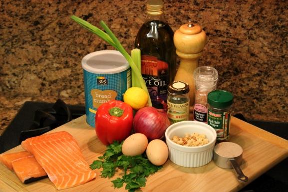 --Salmon Burgers ½ Red Onion, grated ½ Red Bell Pepper, small chop ½ Celery Rib, small chop 1 Green Onion, chopped green parts only 1 Lemon, zest only 4-5 Sprigs Fresh, Flat Leaf Parsley, rough