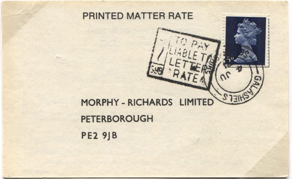 ..? A first day cover sent from a small sub-office in Cardiff, but franked with a new 5p Machin. Over franked by 2p.