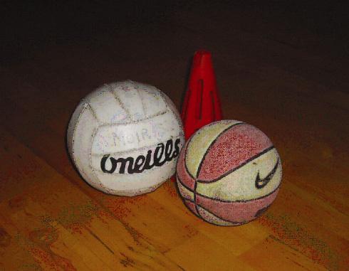 B-3. The photograph shows a football, a child s basketball and a training cone sitting on a horizontal surface. All three solids are in contact with each other. Fig.