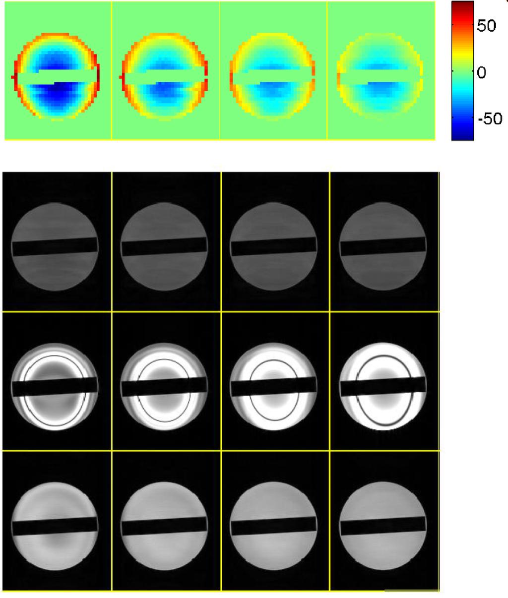 (a) (Hz) (b) SPGR bssfp spectral-stfr Figure 5.4: Comparison of SPGR, bssfp, and spectral-stfr imaging in a phantom. (a) B map. (b) Steady-state images, displayed on a common grayscale.