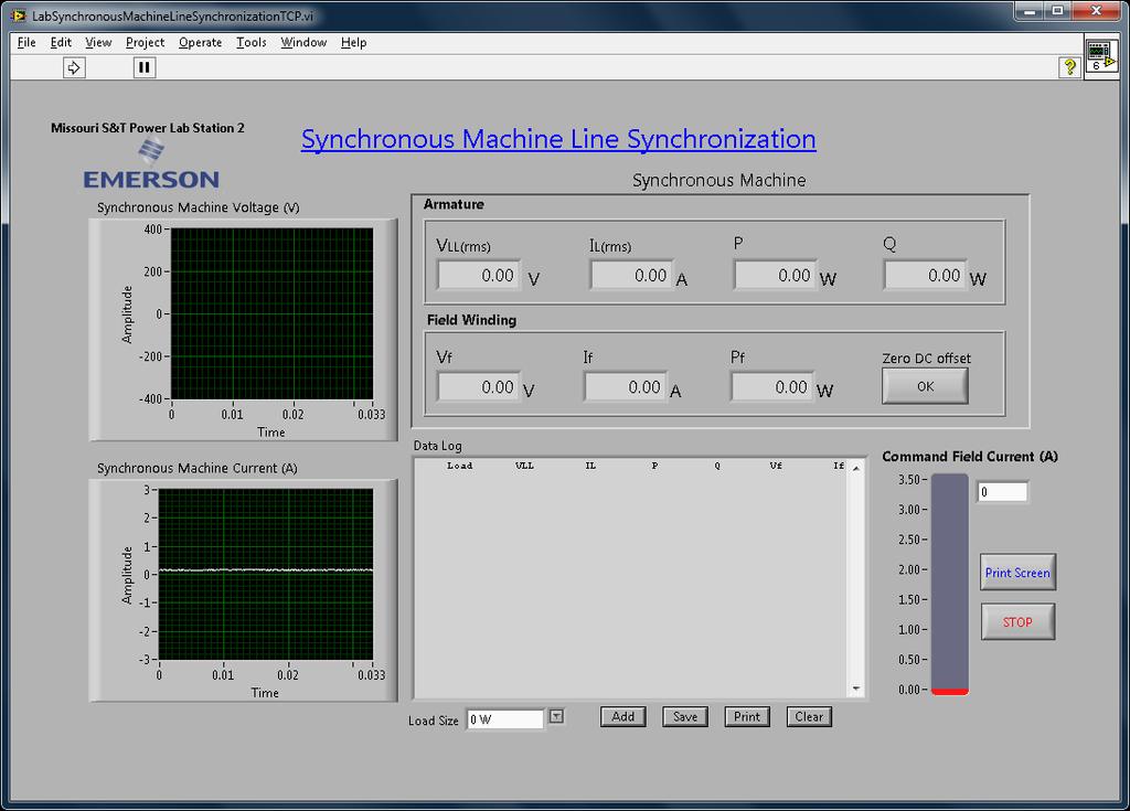 Synchronous Genertor Line Synchroniztion 6 Lbortory Softwre Figure 5 shows screen-shot of the softwre for this experiment, LbSynchronousMchineLineSynchroniztionTCP.
