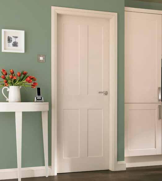 Burford 4 Panel An elegantly simple four panel moulded door with clean lines is shown with matching Burford Primed MDF traditional skirting, architrave and hardware.