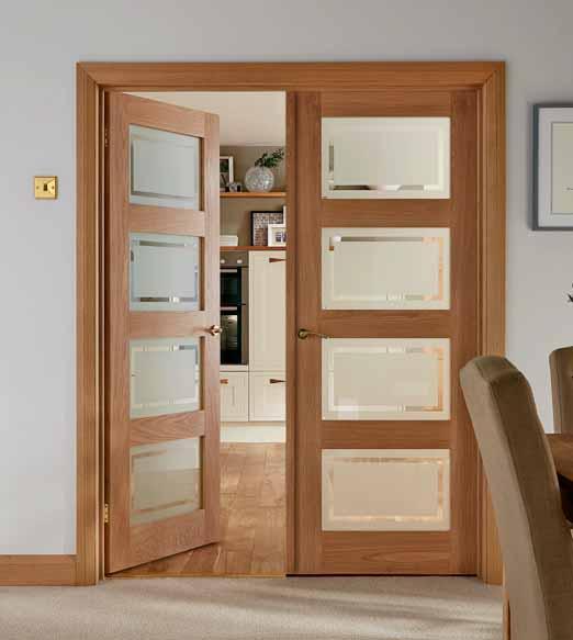 4 Panel Oak Shaker glazed This contemporary engineered oak door with four glazed panels allows plenty of light to enter a room. The glass design has a clear border within each frosted pane.