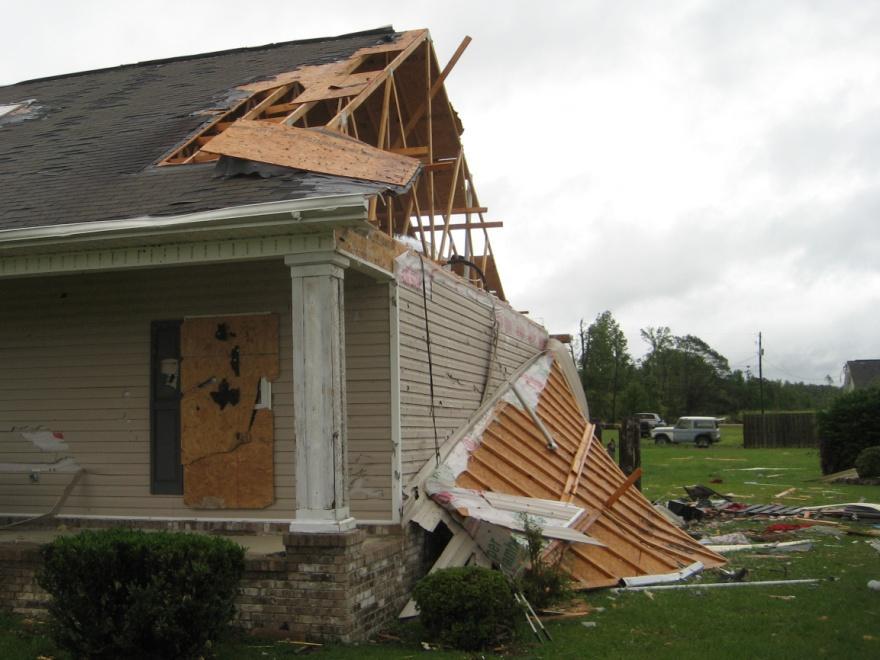 In homes with gable roofs, failures were most notable at the bottom of the gable-end roof and ceiling framing where they are connected to the top of the gable-end wall below.