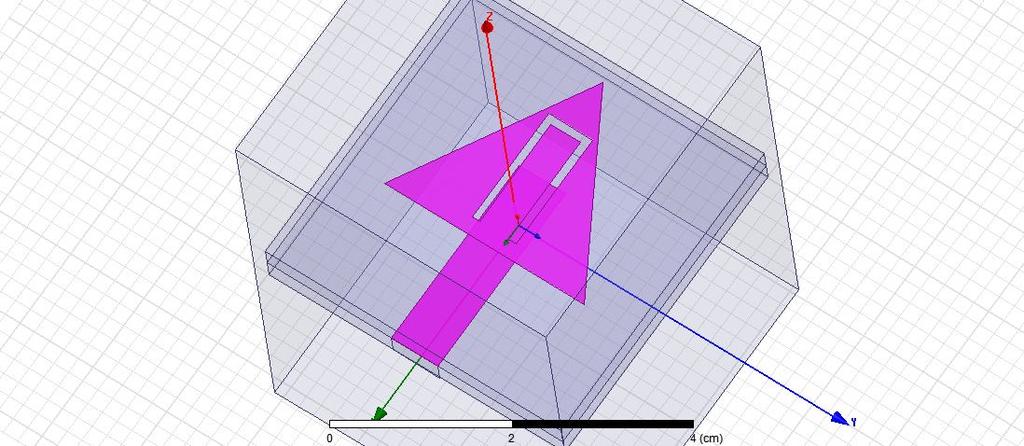 1 shows the top view geometry of inverted U-shaped slot loaded proximity coupled equilateral triangular microstrip antenna (IUSPCETMSA) and Ansoft HFSS simulated antenna module of IUSPCETMSA as shown