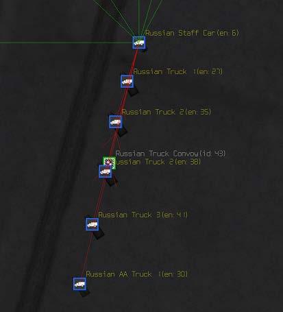 Chapter 6: Detecting Objects Here is a close-up screenshot of the convoy: All of the trucks are target linked to the formation leader, "Russian Staff Car".