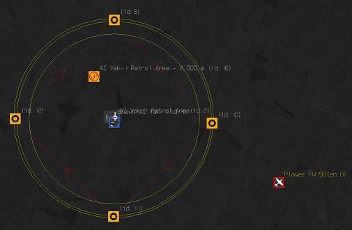 Chapter 8: Managing Objects in a Running Mission Here is an overview of the mission: The outermost yellow circles define two detection zones, one slightly larger than the other.