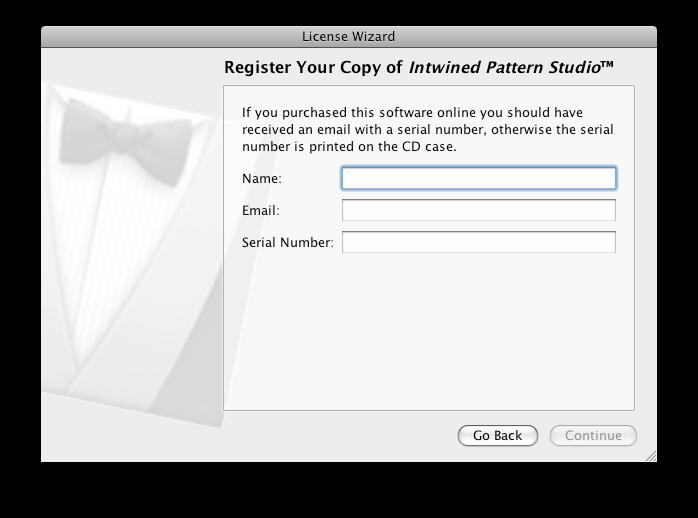 Registering Intwined Pattern Studio The first time you start Intwined Pattern Studio you will be prompted to enter your license information.