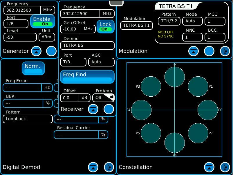 TETRA Receiver Testing in Auto Sync Mode Other fields to setup: Set the Pattern field, in the Digital Demod window, to Loopback. Some base stations may loopback the data into the transmit path.