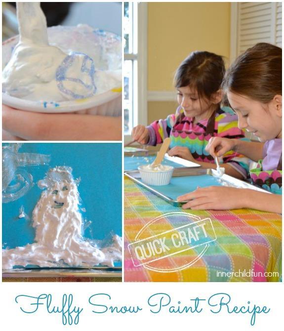 Fluffy Snow Paint Recipe Fluffy Snow Paint Recipe: Equal parts school glue and shaving cream. Stir well with a plastic spoon or craft stick. that s it!