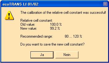 6.4.3 Calibrating the cell constant The sequence is defined by the setup program. Immerse the conductivity cell into a solution with a known conductivity.