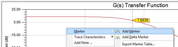 Add another marker using RMB -> Marker -> add Marker Place the marker at the very beginning of the plot to display the DC gain,