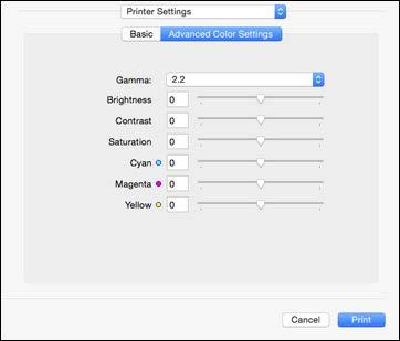 Advanced Color Settings - OS X When you click the Advanced Color Settings tab, you see one of the screens below depending on the Print Mode you selected.
