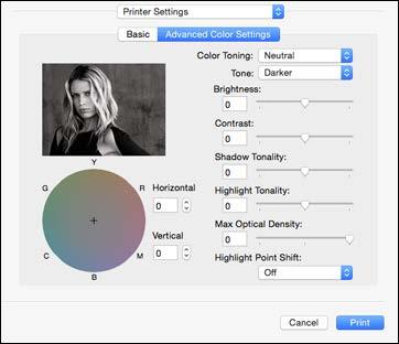 You can select any of the available options. Color Toning Adds tone (hue) to your black-and-white output. The default is Neutral, which provides a neutral tonal scale print.