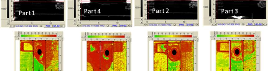 bond quality in both composite repairs and sandwich structures. FIGURE 8. LST scans (top) obtained from the four hardbacks studied, and ultransonic C-Scans of the corresponding hardback.