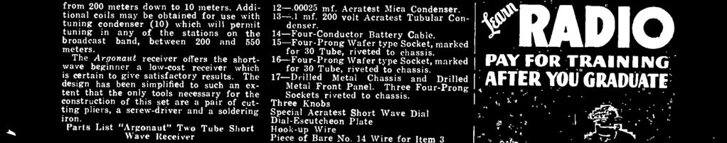 9-6 ohm Acratest Variable Resistor. 10-.00015 mf. Acratest Variable Tuning Condenser. 11 -.0001 mf. Acratest Mica Condenser. (Continued from page 207) 12-.00025 mf. Acratest Mica Condenser. 13 -.1 mf. 200 volt Acratest Tubular Condenser.