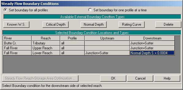 Figure 4.9 Steady Flow Boundary Conditions 4-12 The boundary conditions editor contains a table listing every river and reach. Each reach has an upstream and a downstream boundary condition.