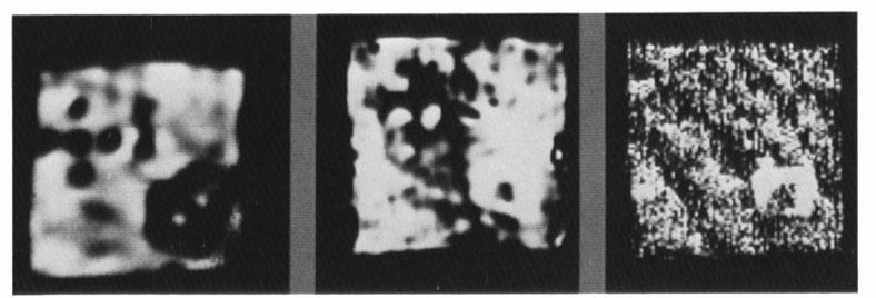 We imaged this sample at 1 MHz as shown in Figure 5. Both foam and saran squares are easily seen at 3mm size, and lmm squares show some trace.