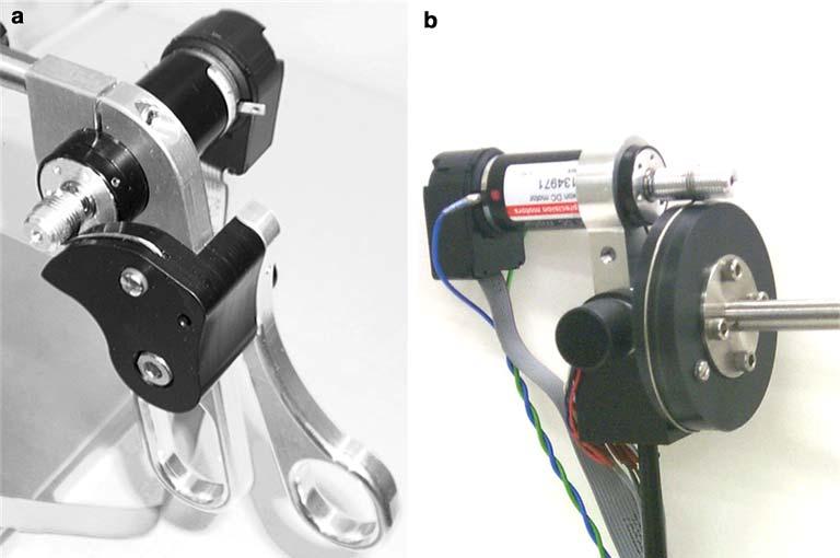 Fig. 3 Single-DOF force reflection in (a) the finger loops and (b) the roll mechanism reductions involve significant backlash while a cogless cable-capstan transmission can provide a low-friction,