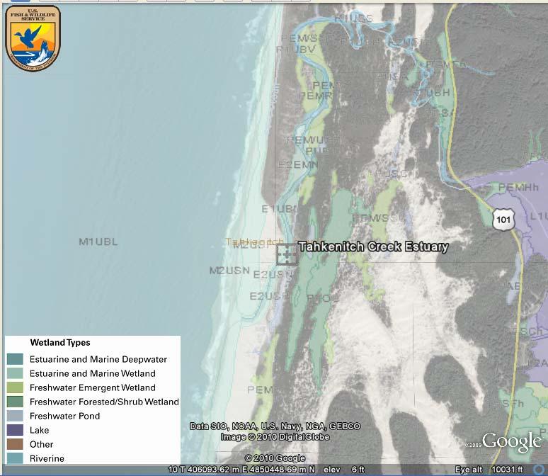 Figure 1: Google Earth (2010) map of Tahkenitch Creek Estuary with the