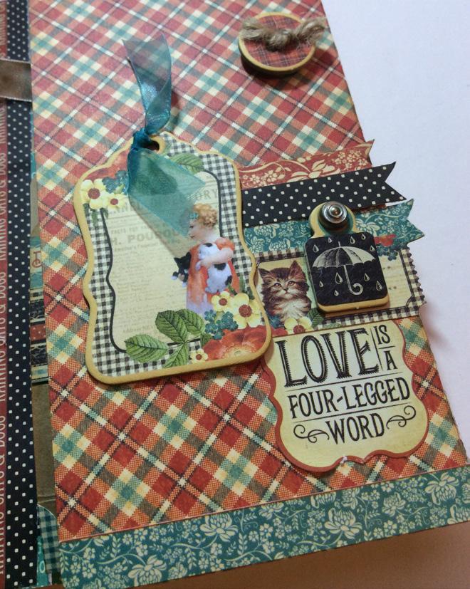 9. Decorate right side of cover. Add brad & ribbon embellished chipboard tags, stickers and hand cut banners (use paper scraps). Congratulations you've finished this months mini album!