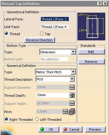 We make the M10 type thread with Thread/Tap command. Start this command. First section this command is the Geometrical Definition. Here we select a Lateral surface and a Limit Surface.