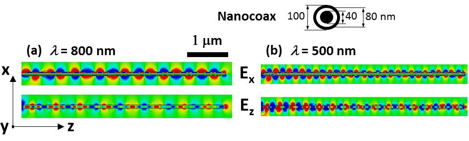 minimal attenuation occurs for λ between 600 and 800 nm. Similar behavior is found for nanowires from 20 nm to 200 nm diameter, generally increasing in transmission with increasing diameter. From Fig.